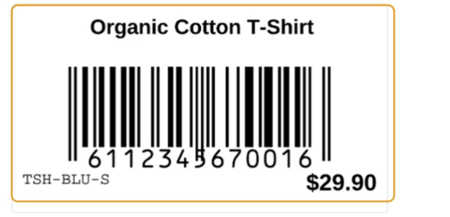 A label rendered at print size: product title, barcode, the digits 6112345670016, the SKU TSH-BLU-S and the price $29.90