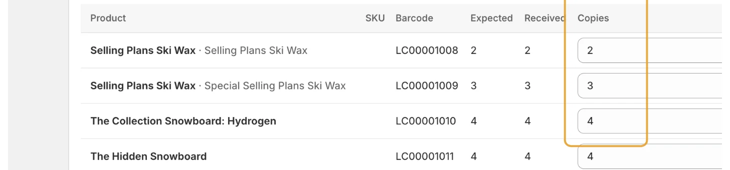 The receive screen: one Shopify transfer listed line by line, with SKU, barcode, expected and received counts, and a Copies field on every variant